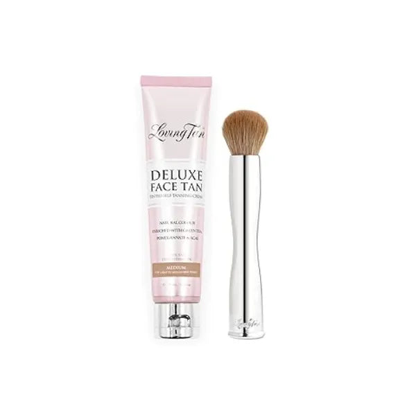 Loving Tan Deluxe Face Self Tanner, Medium Streak Free, Natural, Professional Quality Sunless Tanning + Flawless Face Tan Brush Self Tanning & Contouring, Premium Bristles, Use with Mousse or Cream
