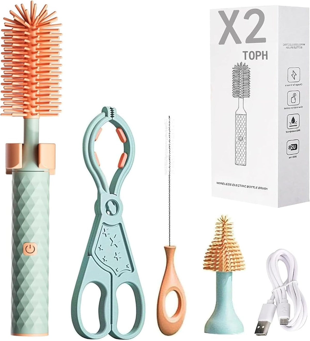 CENXI Baby Bottle Brushes, Electric Bottle Cleaner, Bottle Brush, Electric Bottle Brush Cleaner Baby, 360 Bottle Cleaner Brush, Portable Travel Electric Baby Bottle Brush Set Set of 4 (Blue)