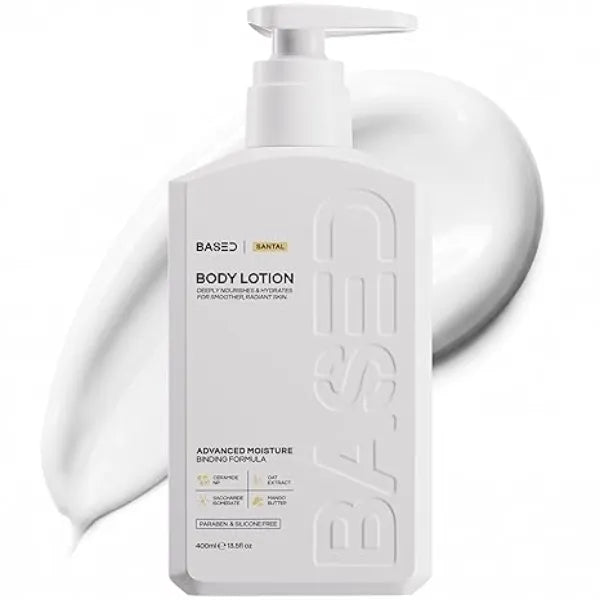 BASED Body Lotion with Ceramides Santal Scent Men's Hydrating Moisturizer Fast Absorbing Non Greasy Formula Softens Dry Skin Formulated & Filled in USA 13.5 Fl Oz, Pack of 1