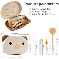 BAOLY 6 in 1 Baby Bottle Cleaner Set,Portable Silicone Travel Bottle Brush Kit with Drying Rack,Portable Baby Essentials for Home and Travel,Newborn Gift(White)