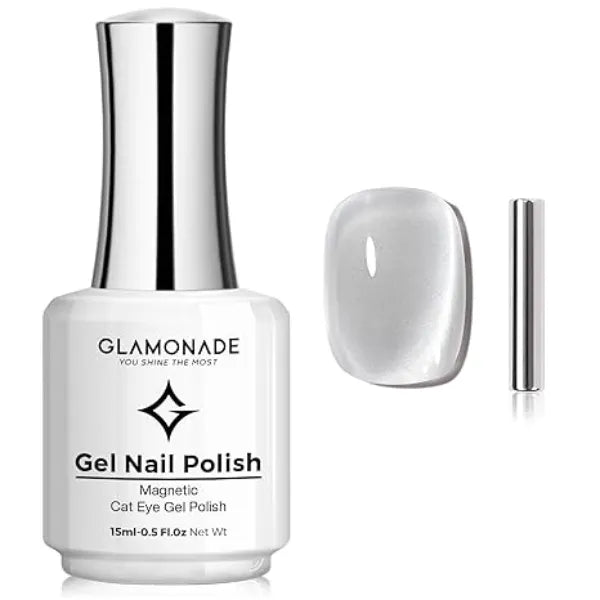 Glamonade Glass Cat Eye Gel Nail Polish Clear Glitter Reflective Moonlight CatEye Gel Polish Magnet With 9D Holographic Sparkly Shimmer Translucent Silver Jelly Nail Art Salon DIY Crystal Hema Free