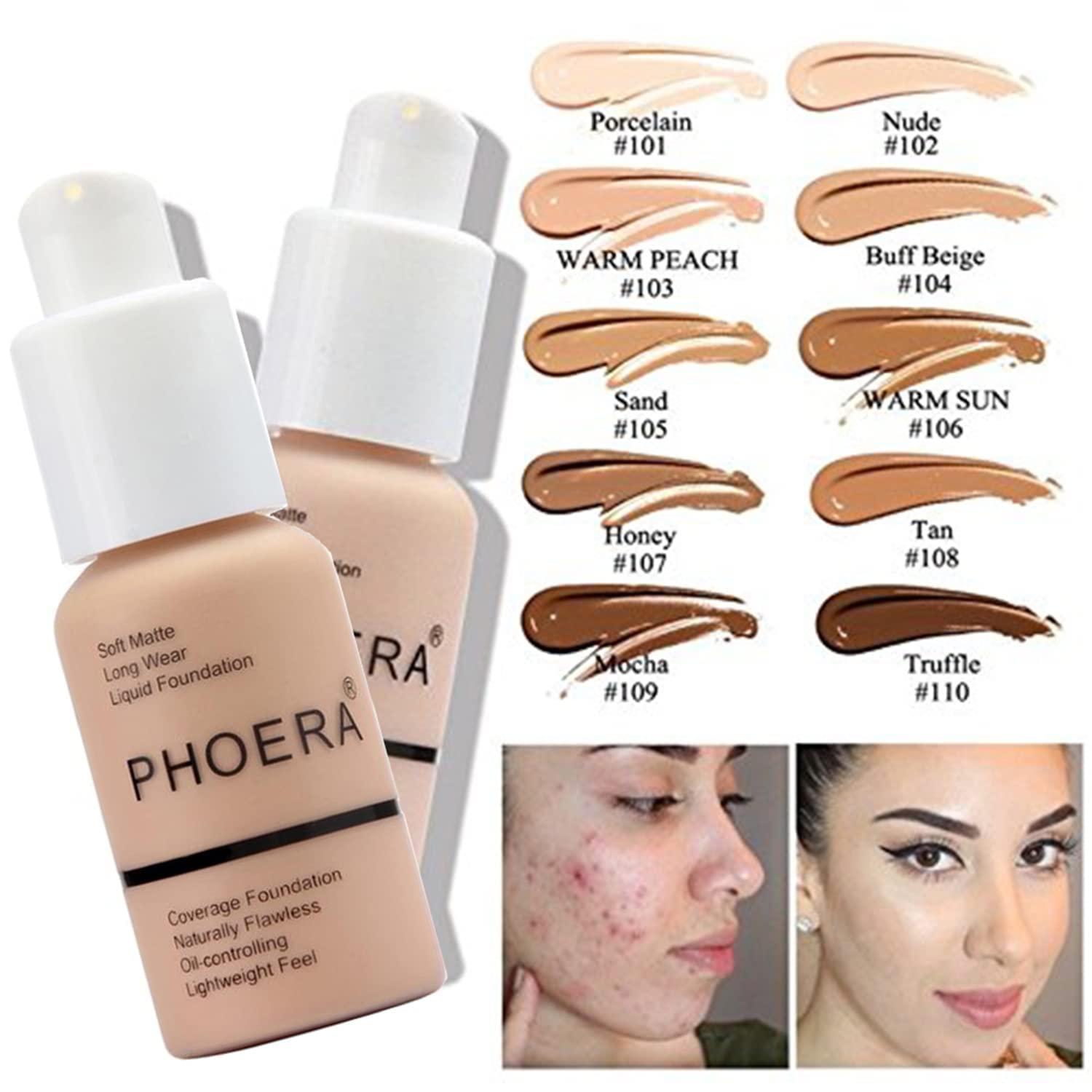 PHOERA Foundation Full Coverage Makeup, Mushroom Head Air Cushion CC Cream Natural Foundation, PHOERA Primer, PHOERA Powder, Brushes Foundation Brush,2 Makeup Sponge(105 Sand+ 05 Sand CC)