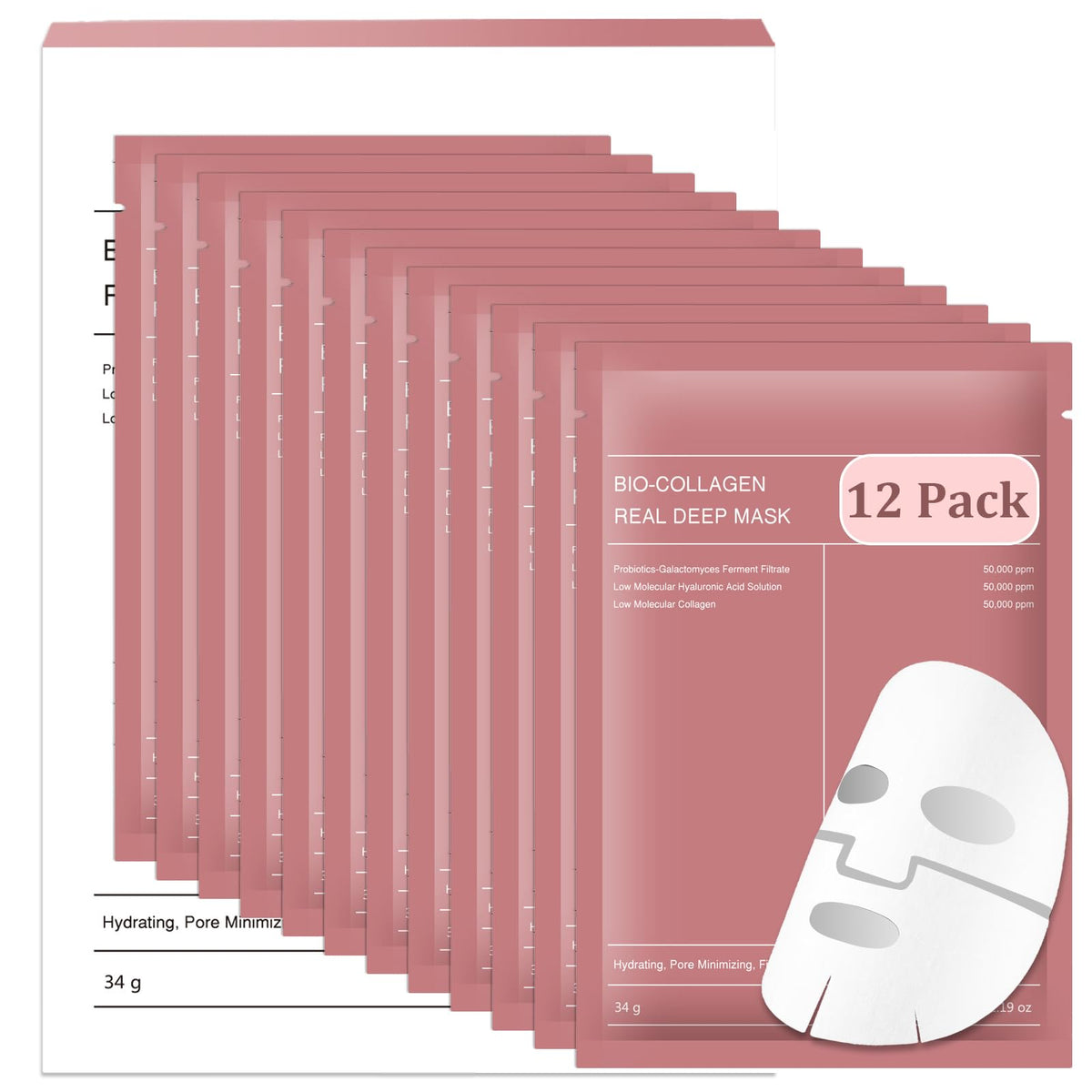 Bio Collagen Real Deep Cleansing Mask, Overnight Hydrating Hydrogel Mask, Minimizes Pores, Improves Elasticity, Travel Essential, 34g, For All Skin Types (12 Pack)