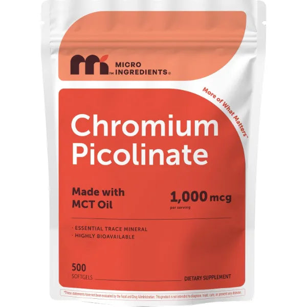 Micro Ingredients Chromium Picolinate 1,000 mcg Per Serving, 500 Softgels, 1 Year Supply | Chelated Essential Mineral Supplement with MCT Oil | Non-GMO
