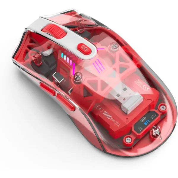 MKETech Electronics Wireless Mouse with Transparent Shell and RGB Lighting, Dual-Mode Bluetooth & 2.4GHz, Adjustable DPI, Cyberpunk Style for Office, Gaming, and Creative Work, Red