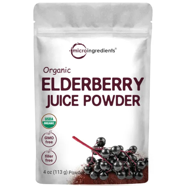 Micro Ingredients Organic Elderberry Juice Powder, 4oz | 100% Natural Fruit Powder | Cold Pressed European Elderberries | No Sugar & Additives | Great Flavor for Drinks, Smoothie, & Beverages | Non-GMO & Vegan