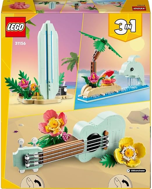 LEGO Creator 3in1 Tropical Ukulele Instrument Toy to Small Surfboard to Dolphin Model, Ocean Toys Building Set for 8 Plus Year Old Girls, Boys & Kids, Beach-Themed Bedroom Decoration, Gift Idea 31156