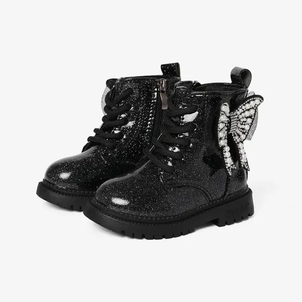PATPAT Toddler and Kids Beautiful Butterfly Decor Side Zipper Boots Black