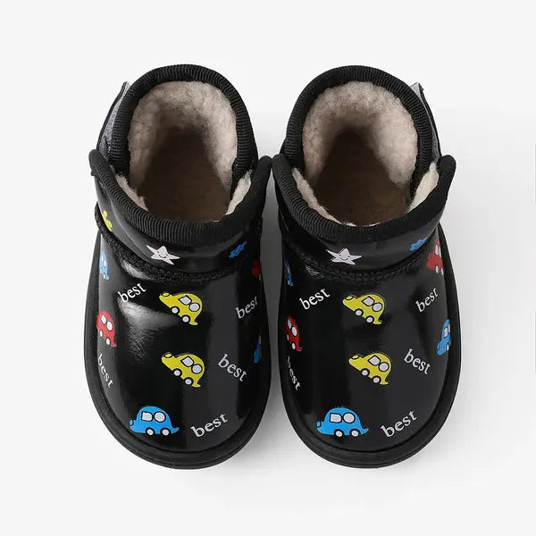 PATPAT Toddler & Kids Childlike Cartoon Vehicle & Rabbit Print Fleece Snow Boots black