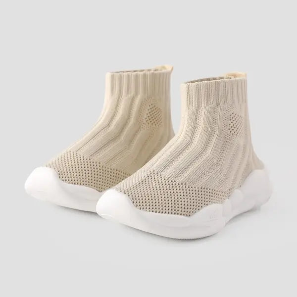 PATPAT Toddler Sneakers Solid Breathable Slip-on Athletic Flyknit Sports Shoes Beige