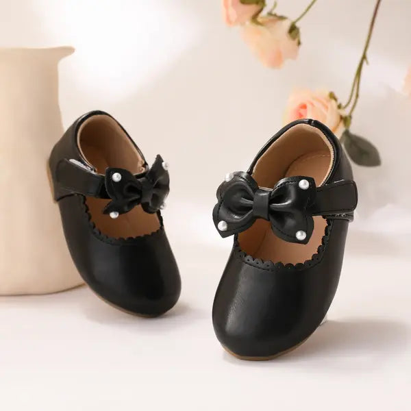 PATPAT Toddler/Kids Elegant 3D Bowtie PU Lace Trim Leather Shoes black