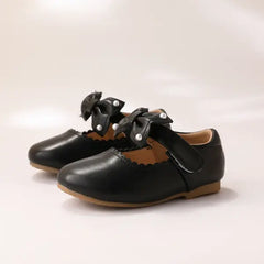PATPAT Toddler/Kids Elegant 3D Bowtie PU Lace Trim Leather Shoes black