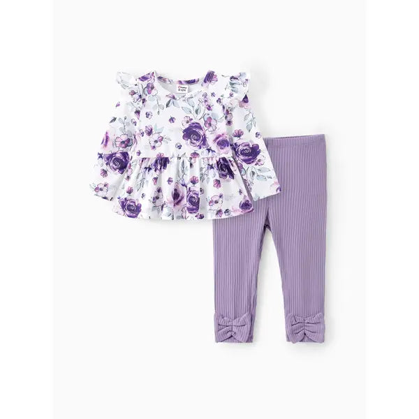 Patpat Baby Girl Clothes 2PCS Sweet Big Flower Flutter Sleeve Set Purple