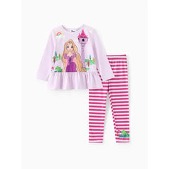 PATPAT Disney Princess Toddler Girl 2pcs Character Print Peplum Long-sleeve Tee and Stripe Pants Set Purple