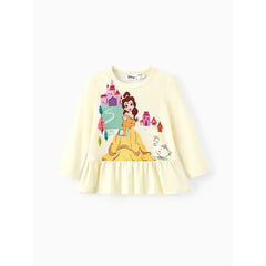 PATPAT Disney Princess Toddler Girl 2pcs Character Print Peplum Long-sleeve Tee and Stripe Pants Set Yellow