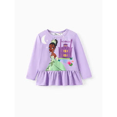 PATPAT Disney Princess Toddler Girl 2pcs Character Print Peplum Long-sleeve Tee and Stripe Pants Set Purple