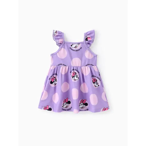 PATPAT Disney Mickey and Friends Baby/Toddler Girl Character Print Ruffled Sleeve Dress Purple