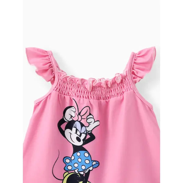 PATPAT Disney Mickey and Friends Baby/Toddler Girl Character Print Ruffled Sleeve Dress Pink