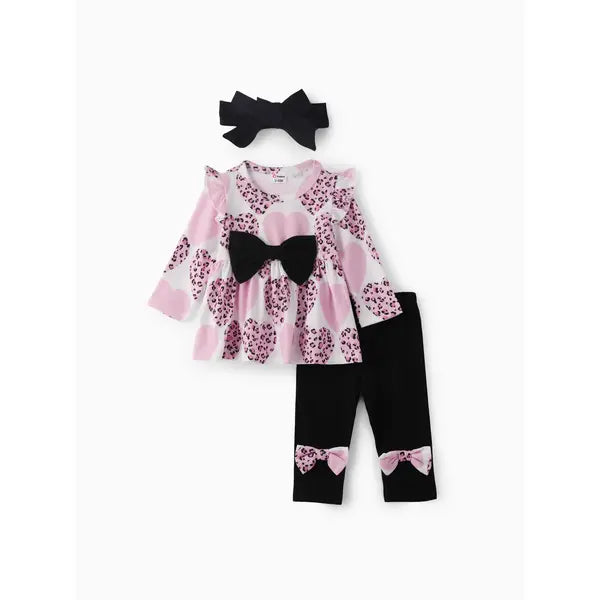 Patpat Baby Girl Clothes 3pcs Leopard Ruffle Top and Leggings with Headband Set pink