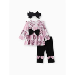 Patpat Baby Girl Clothes 3pcs Leopard Ruffle Top and Leggings with Headband Set pink
