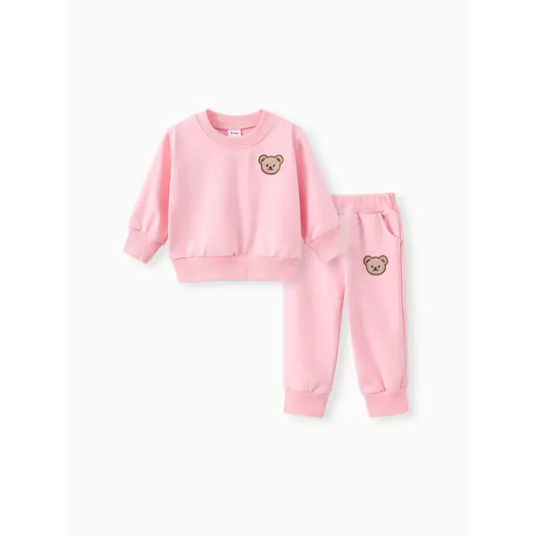 Patpat 2pcs Baby/Toddler Girl/Boy Clothes Solid Bear Pattern Set pink