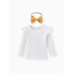 Patpat 3pcs Baby Girl 95% Cotton Ribbed Ruffle Long-sleeve Top and Bow Front Skirt & Headband Set Yellow