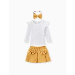 Patpat 3pcs Baby Girl 95% Cotton Ribbed Ruffle Long-sleeve Top and Bow Front Skirt & Headband Set Yellow