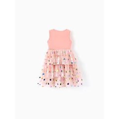 PATPAT PAW Patrol Toddler Girl Cotton Ruffled Polka dots Layered Mesh Splice Sleeveless Dress Pink