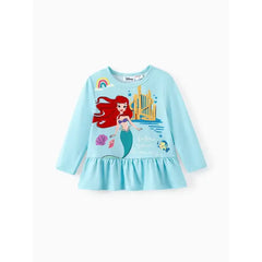 PATPAT Disney Princess Toddler Girl 2pcs Character Print Peplum Long-sleeve Tee and Stripe Pants Set Mintblue