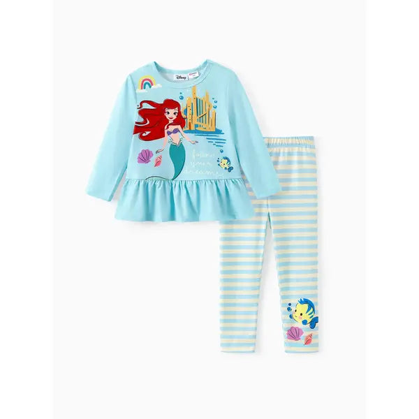 PATPAT Disney Princess Toddler Girl 2pcs Character Print Peplum Long-sleeve Tee and Stripe Pants Set Mintblue