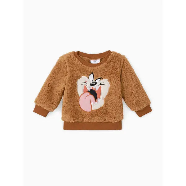 Patpat Looney Tunes Baby Boy/Girl Cartoon Animal Embroidered Long-sleeve Thermal Fuzzy Pullover brown