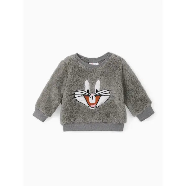 Patpat Looney Tunes Baby Boy/Girl Cartoon Animal Embroidered Long-sleeve Thermal Fuzzy Pullover Gray