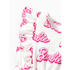 PATPAT Barbie Toddler Girl Cotton Letter Print Ruffled Belted Rompers Multicolor