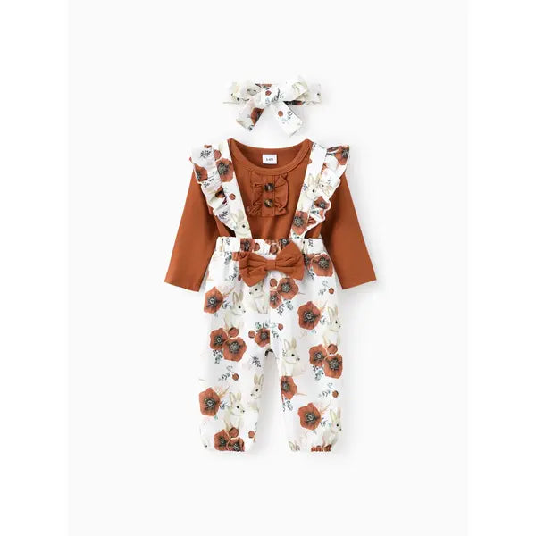 Patpat baby Girl 3pcs Sweet Solid Romper and Floral Print Ruffled Overalls with Headband Set Brown