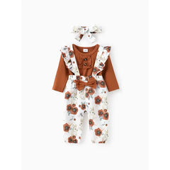 Patpat baby Girl 3pcs Sweet Solid Romper and Floral Print Ruffled Overalls with Headband Set Brown