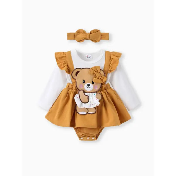 Baby Girls Clothes SuperCuteCute Bear Embroidered Romper with Headband Ginger