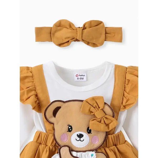 Baby Girls Clothes SuperCuteCute Bear Embroidered Romper with Headband Ginger