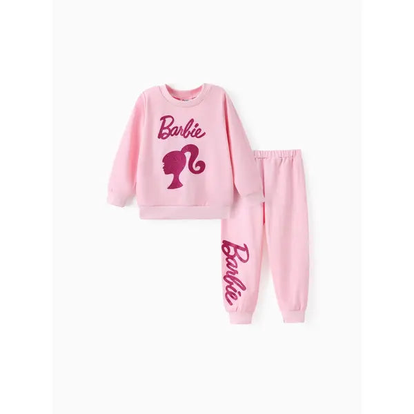 PATPAT Barbie 2pcs Toddler Girl Character Letter Print Cotton Pullover Sweatshirt and Elasticized Pants Set Pink