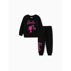 PATPAT Barbie 2pcs Toddler Girl Character Letter Print Cotton Pullover Sweatshirt and Elasticized Pants Set Black
