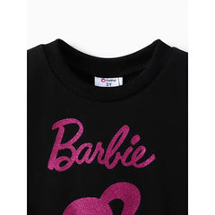 PATPAT Barbie 2pcs Toddler Girl Character Letter Print Cotton Pullover Sweatshirt and Elasticized Pants Set Black
