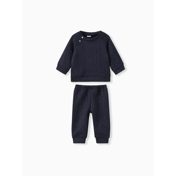 Patpat Baby Boy/Girl Clothes 2pcs Solid Knitted Sweatshirt and Pants Set Blue