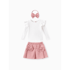 Patpat 3pcs Baby Girl 95% Cotton Ribbed Ruffle Long-sleeve Top and Bow Front Skirt & Headband Set pink