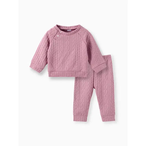 Patpat Baby Boy/Girl Clothes 2pcs Solid Knitted Sweatshirt and Pants Set Pink
