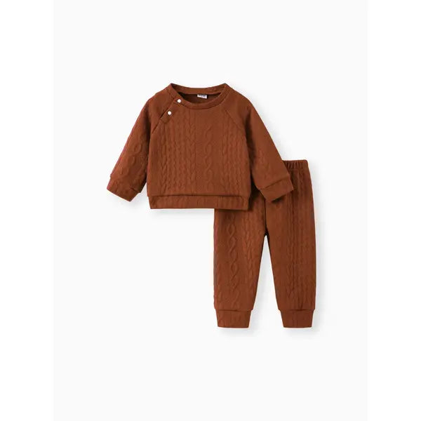 Patpat Baby Boy/Girl Clothes 2pcs Solid Knitted Sweatshirt and Pants Set brown