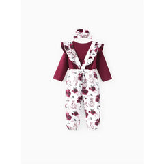 Patpat baby Girl 3pcs Sweet Solid Romper and Floral Print Ruffled Overalls with Headband Set Burgundy