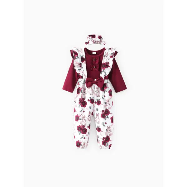 Patpat baby Girl 3pcs Sweet Solid Romper and Floral Print Ruffled Overalls with Headband Set Burgundy