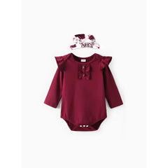 Patpat baby Girl 3pcs Sweet Solid Romper and Floral Print Ruffled Overalls with Headband Set Burgundy