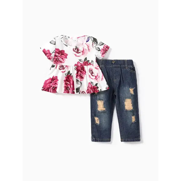 PATPAT 2pcs Baby Girl 95% Cotton Denim Ripped Jeans and Floral Print Short-sleeve Top Set (Loose-fit)