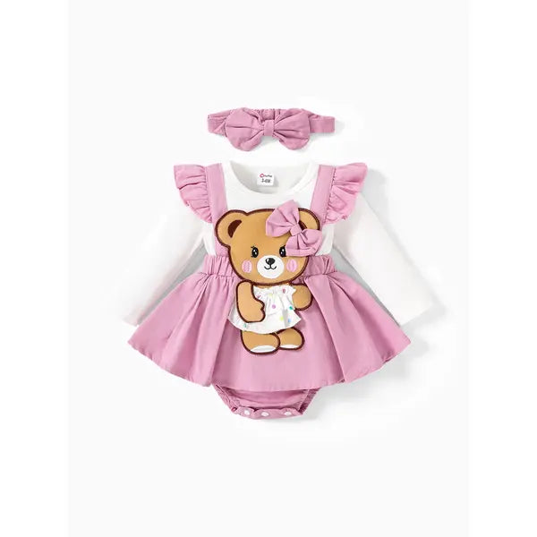 Patpat Baby Girls Clothes SuperCuteCute Bear Embroidered Romper with Headband pink