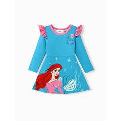 PATPAT Disney Princess Toddler Girl Character Print Ruffled Long-sleeve Dress Blue